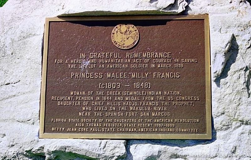 The Florida Daughters of the American Revolution dedicated a monument to Princess Malee "Milly" Francis "for a heroic and humanitarian act of courage in saving the life of an American soldier in March 1818. [Courtesy photo]